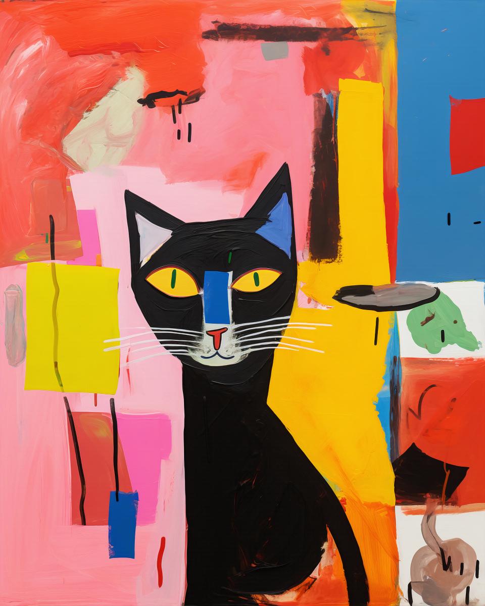 Feline Whimsy Amidst Abstract Splashes