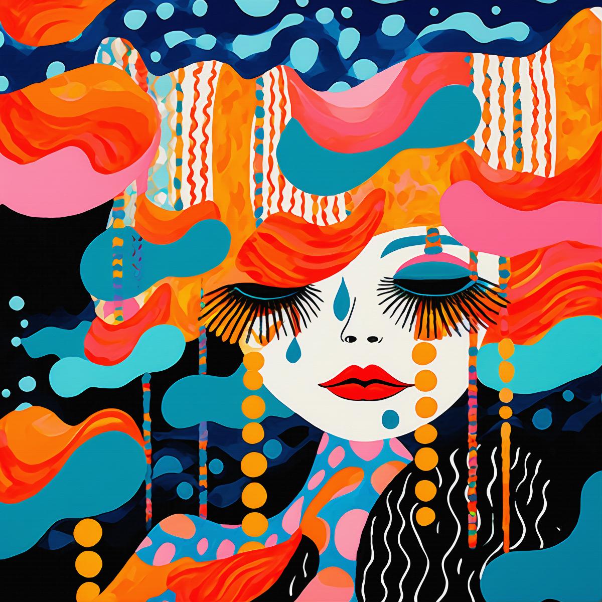 Mystical Gaze Amidst Colorful Waves