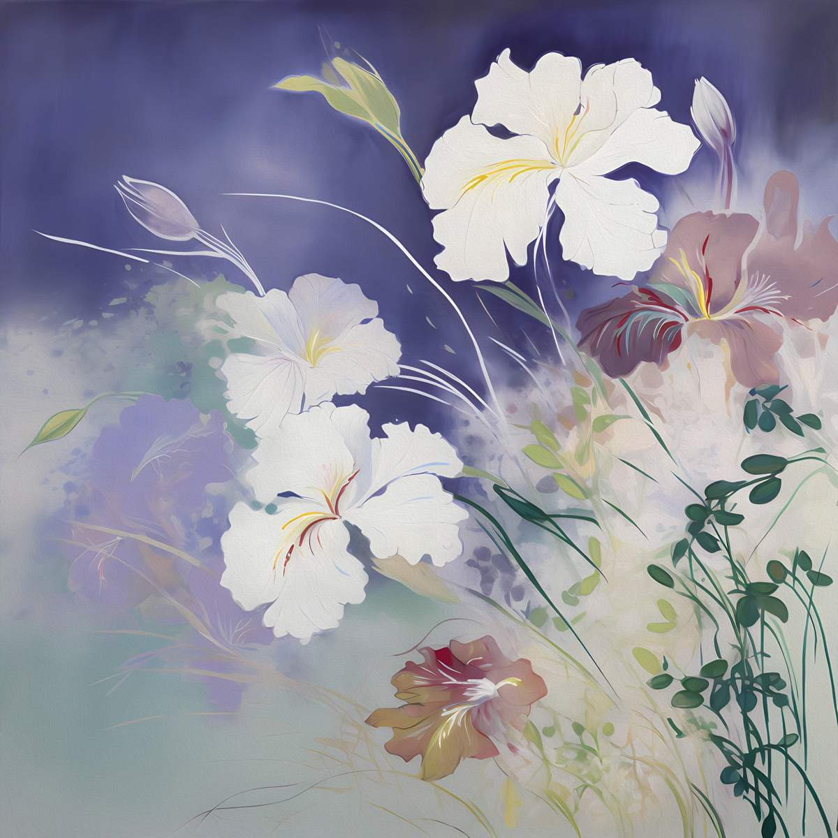 Graceful Whispers: 'White Flowers In The Wind' Art Collection