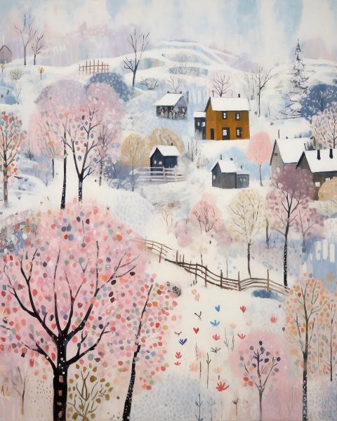 Winter Village Under Winter Sky